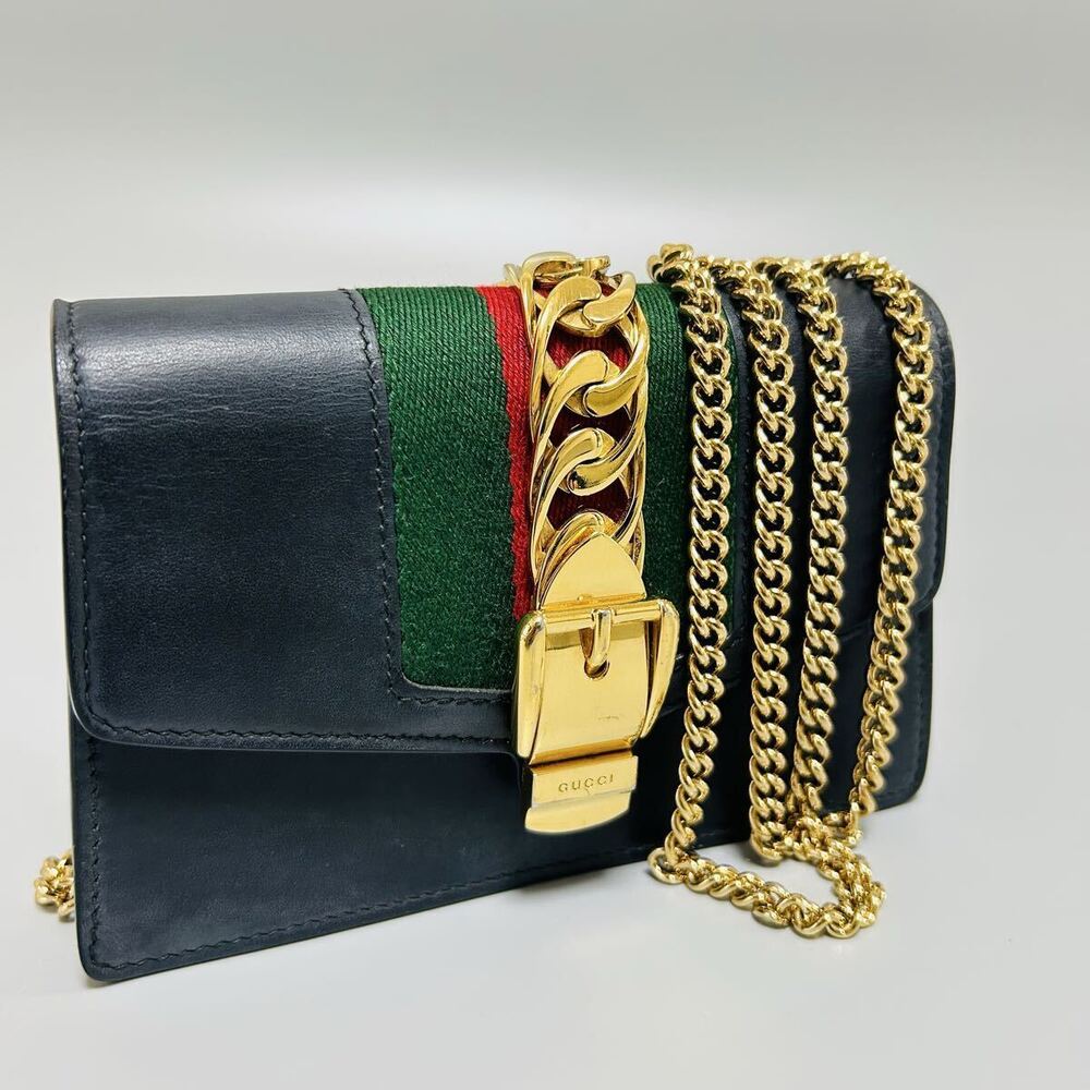 GUCCI Sylvie Sherry Leather Crossbody Chain Shoulder Bag Navy Blue